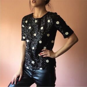 J Crew Polka Dot Sequin Top Black white size small NWT